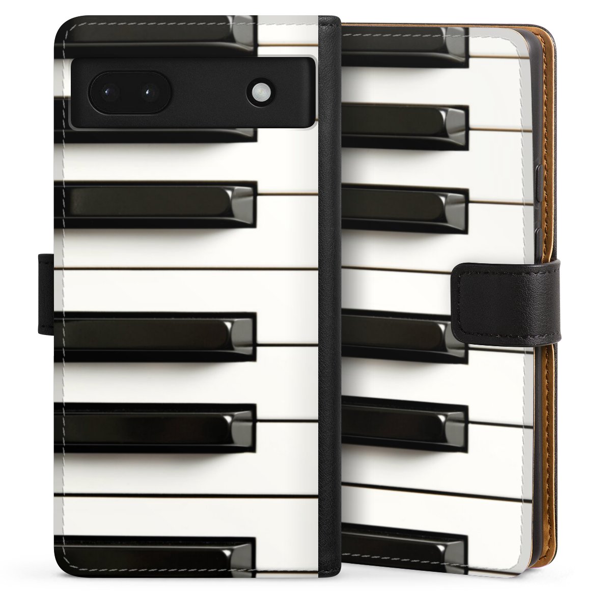 Google Pixel 6a Handy Klapphülle Handyhülle aus Kunst Leder schwarz Flip Case Klavier Piano Music Sideflip mit Lasche