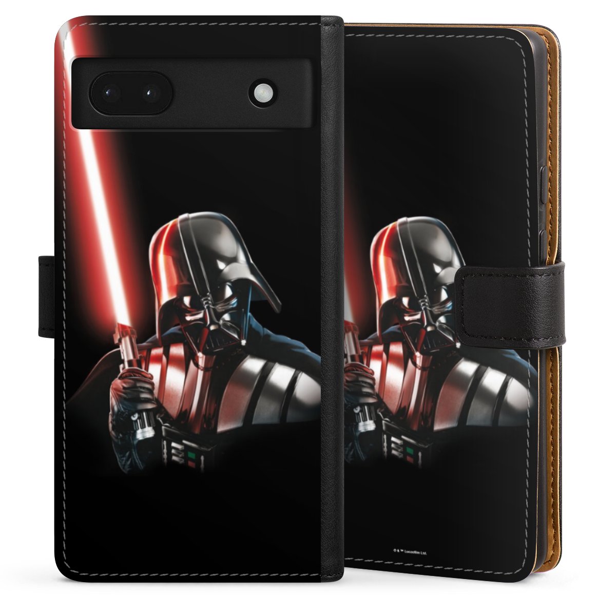 Google Pixel 6a Handy Klapphülle Handyhülle aus Kunst Leder schwarz Flip Case Star Wars Merchandise Darth Vader Sideflip mit Lasche