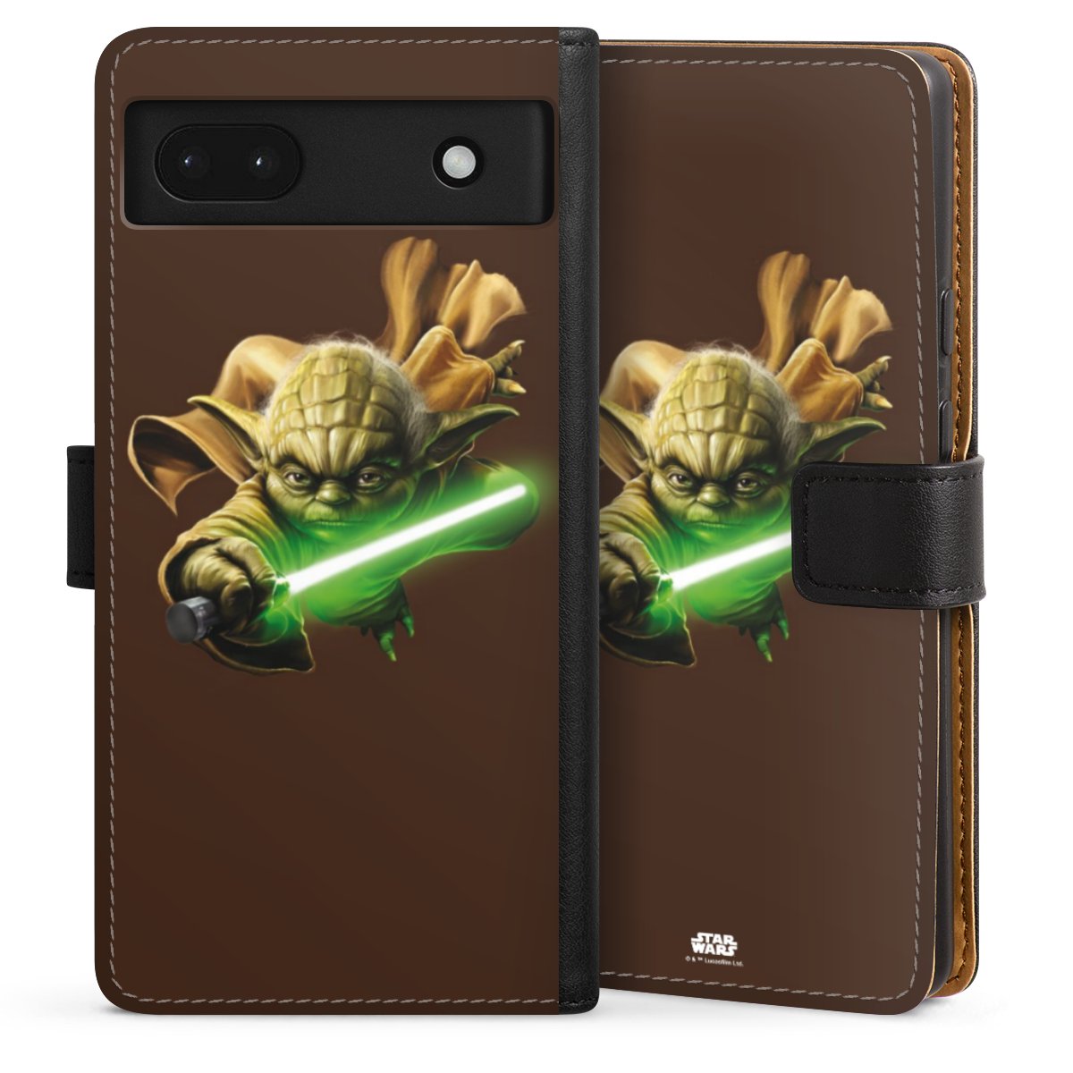 Google Pixel 6a Handy Klapphülle Handyhülle aus Kunst Leder schwarz Flip Case Yoda Merchandise Star Wars Sideflip mit Lasche