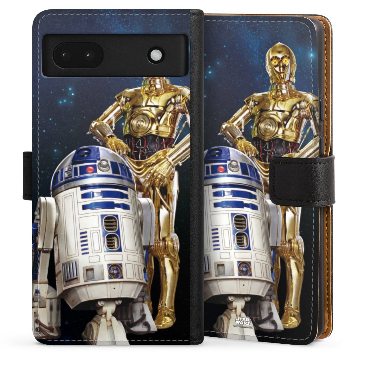 Google Pixel 6a Handy Klapphülle Handyhülle aus Kunst Leder schwarz Flip Case Weltall Star Wars R2d2 Sideflip mit Lasche