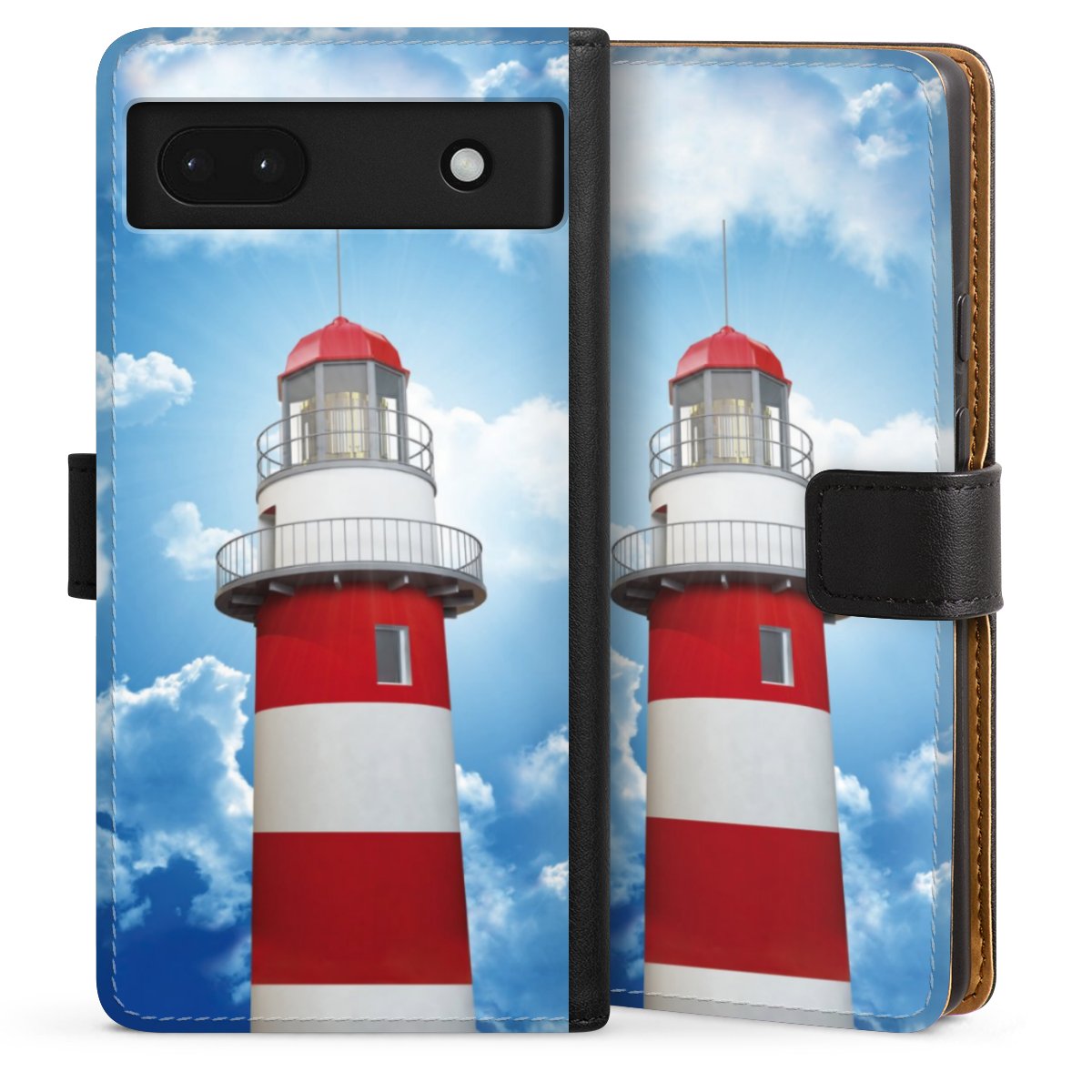 Google Pixel 6a Handy Klapphülle Handyhülle aus Kunst Leder schwarz Flip Case Lighthouse Sky Cloud Sideflip mit Lasche