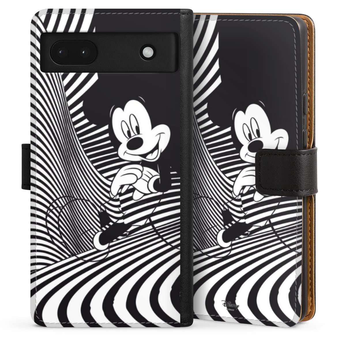 Google Pixel 6a Handy Klapphülle Handyhülle aus Kunst Leder schwarz Flip Case Disney Official Licensed Product Mickey Mouse Sideflip mit Lasche