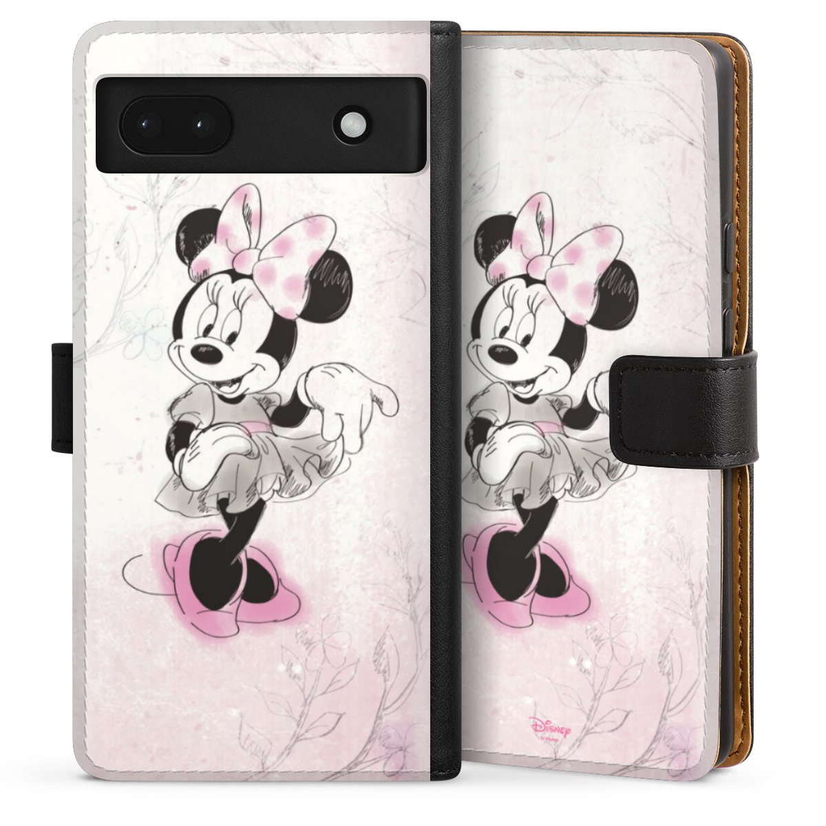 Google Pixel 6a Handy Klapphülle Handyhülle aus Kunst Leder schwarz Flip Case Disney Minnie Mouse Vintage Sideflip mit Lasche