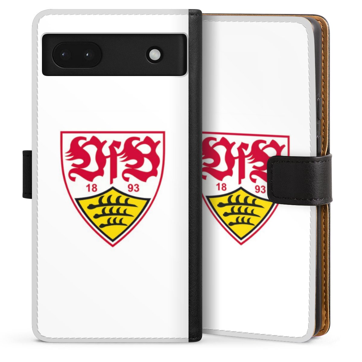 Google Pixel 6a Handy Klapphülle Handyhülle aus Kunst Leder schwarz Flip Case Logo Official Licensed Product Vfb Stuttgart Sideflip mit Lasche