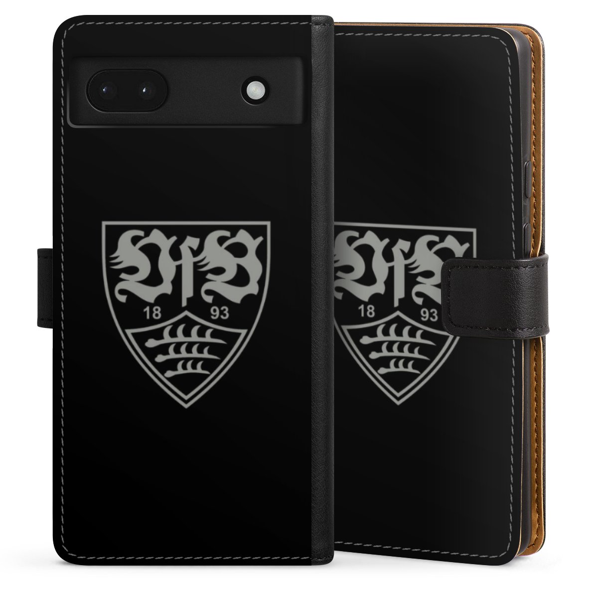 Google Pixel 6a Handy Klapphülle Handyhülle aus Kunst Leder schwarz Flip Case Official Licensed Product Vfb Stuttgart Sideflip mit Lasche