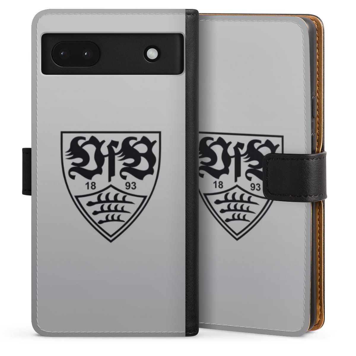 Google Pixel 6a Handy Klapphülle Handyhülle aus Kunst Leder schwarz Flip Case Logo Vfb Stuttgart Official Licensed Product Sideflip mit Lasche