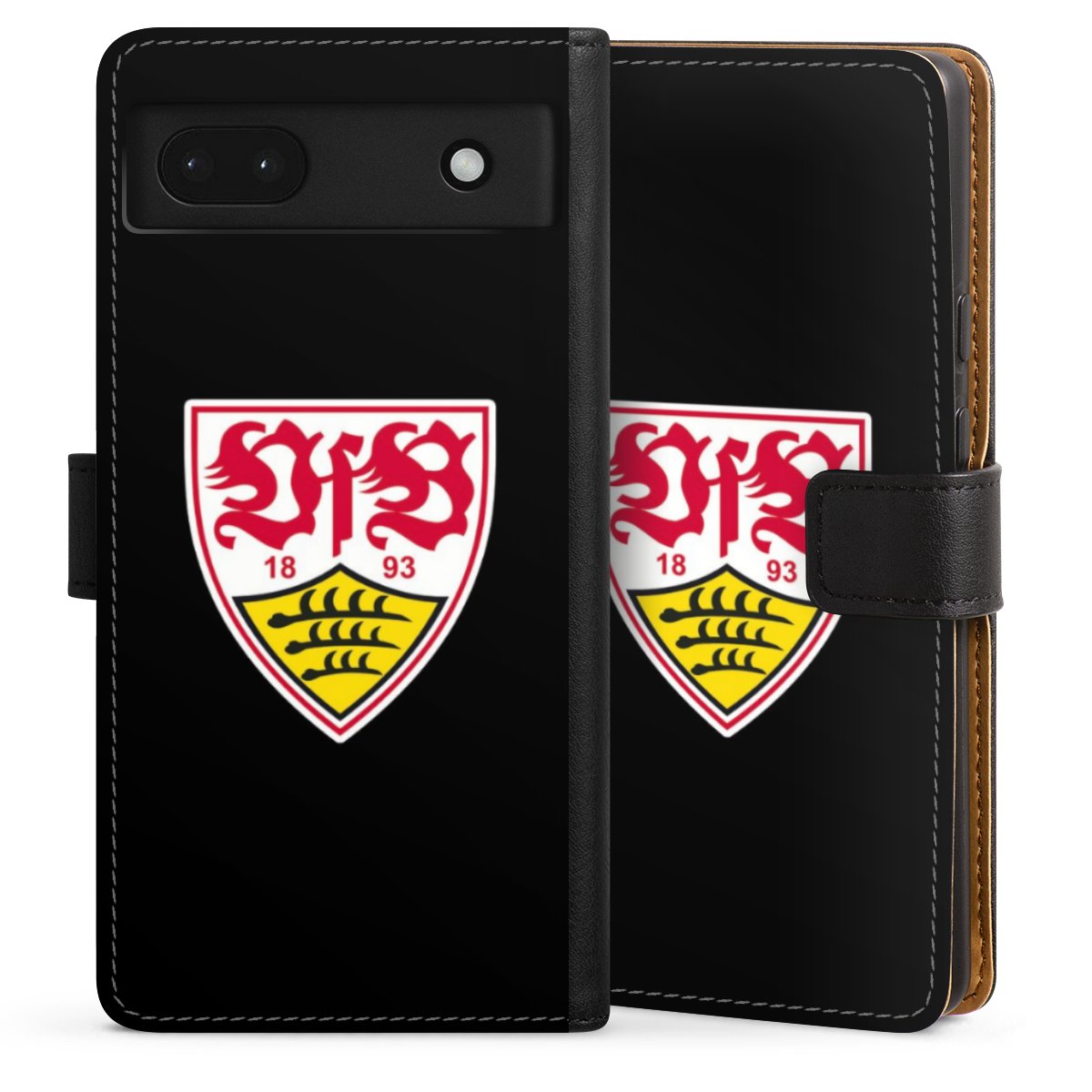 Google Pixel 6a Handy Klapphülle Handyhülle aus Kunst Leder schwarz Flip Case Vfb Stuttgart Official Licensed Product Coat Of Arms Sideflip mit Lasche