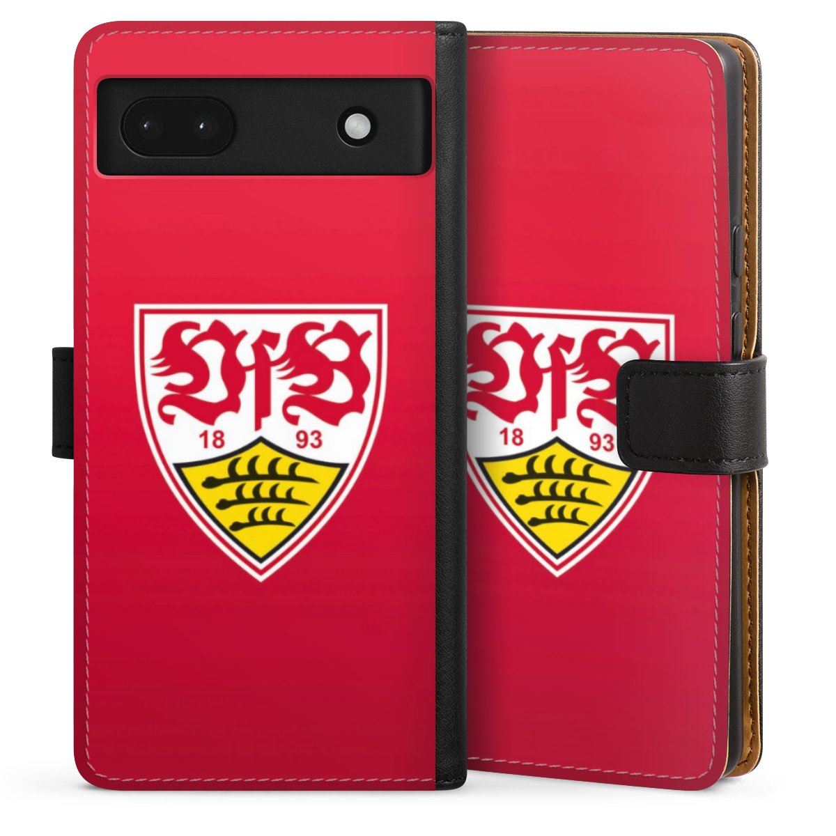 Google Pixel 6a Handy Klapphülle Handyhülle aus Kunst Leder schwarz Flip Case Official Licensed Product Vfb Stuttgart Sideflip mit Lasche