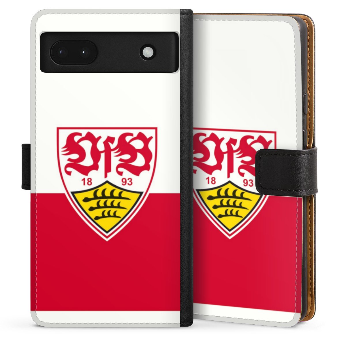 Google Pixel 6a Handy Klapphülle Handyhülle aus Kunst Leder schwarz Flip Case Official Licensed Product Logo Vfb Stuttgart Sideflip mit Lasche