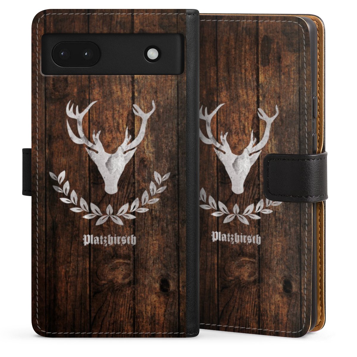 Google Pixel 6a Handy Klapphülle Handyhülle aus Kunst Leder schwarz Flip Case Deer Wood Wooden Look Sideflip mit Lasche