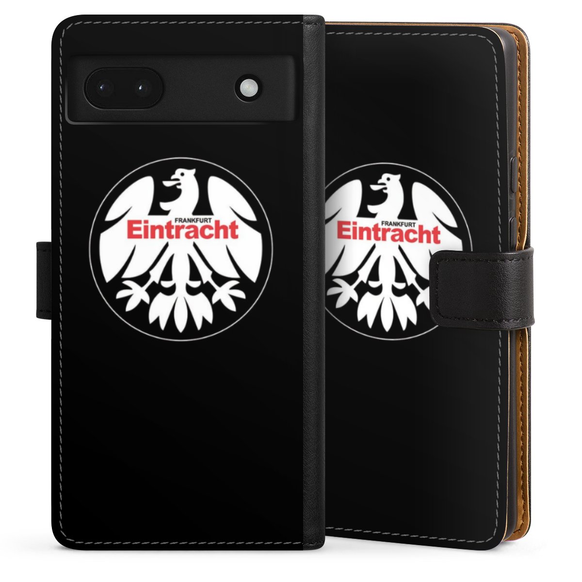 Google Pixel 6a Handy Klapphülle Handyhülle aus Kunst Leder schwarz Flip Case Official Licensed Product Eintracht Frankfurt Sge Sideflip mit Lasche