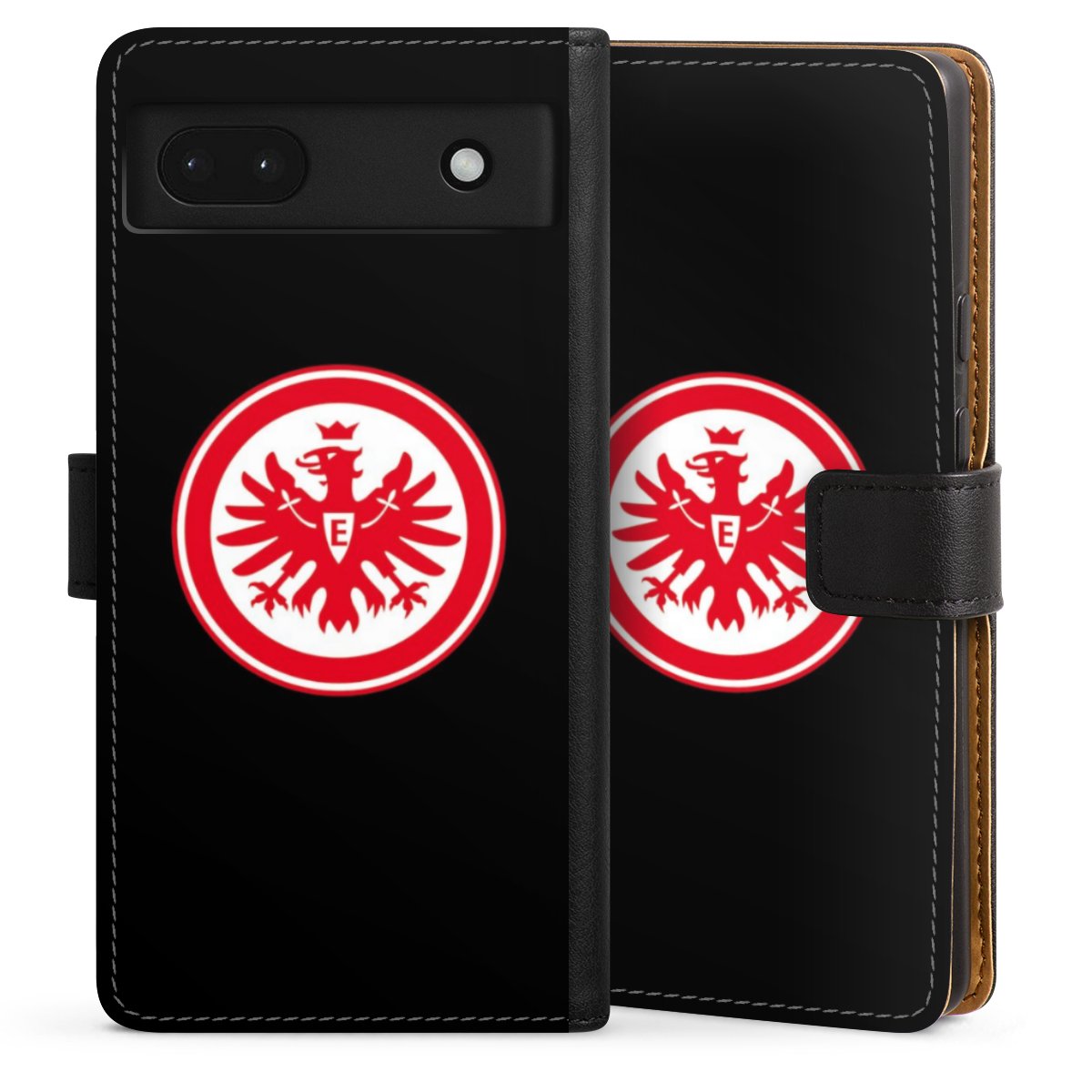 Google Pixel 6a Handy Klapphülle Handyhülle aus Kunst Leder schwarz Flip Case Eintracht Frankfurt Sge Eagle Sideflip mit Lasche