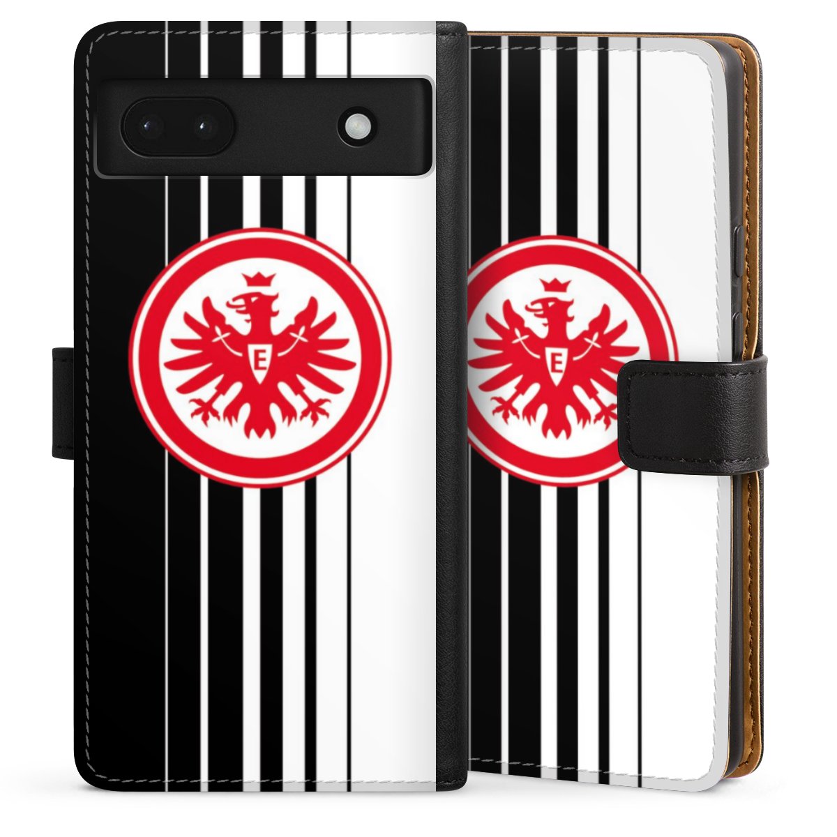 Google Pixel 6a Handy Klapphülle Handyhülle aus Kunst Leder schwarz Flip Case Stripes Eintracht Frankfurt Official Licensed Product Sideflip mit Lasche