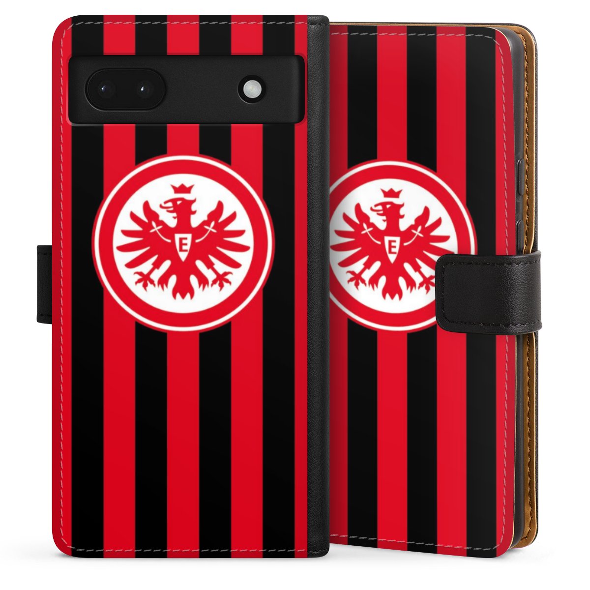 Google Pixel 6a Handy Klapphülle Handyhülle aus Kunst Leder schwarz Flip Case Stripes Sge Eintracht Frankfurt Sideflip mit Lasche