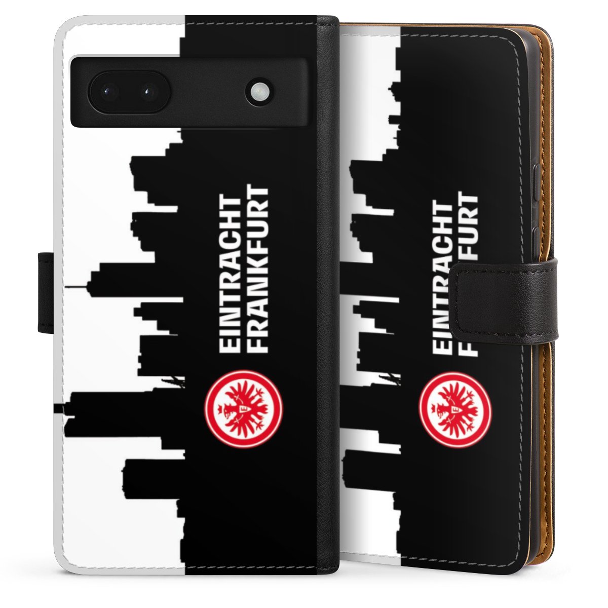 Google Pixel 6a Handy Klapphülle Handyhülle aus Kunst Leder schwarz Flip Case Sge Eintracht Frankfurt Official Licensed Product Sideflip mit Lasche