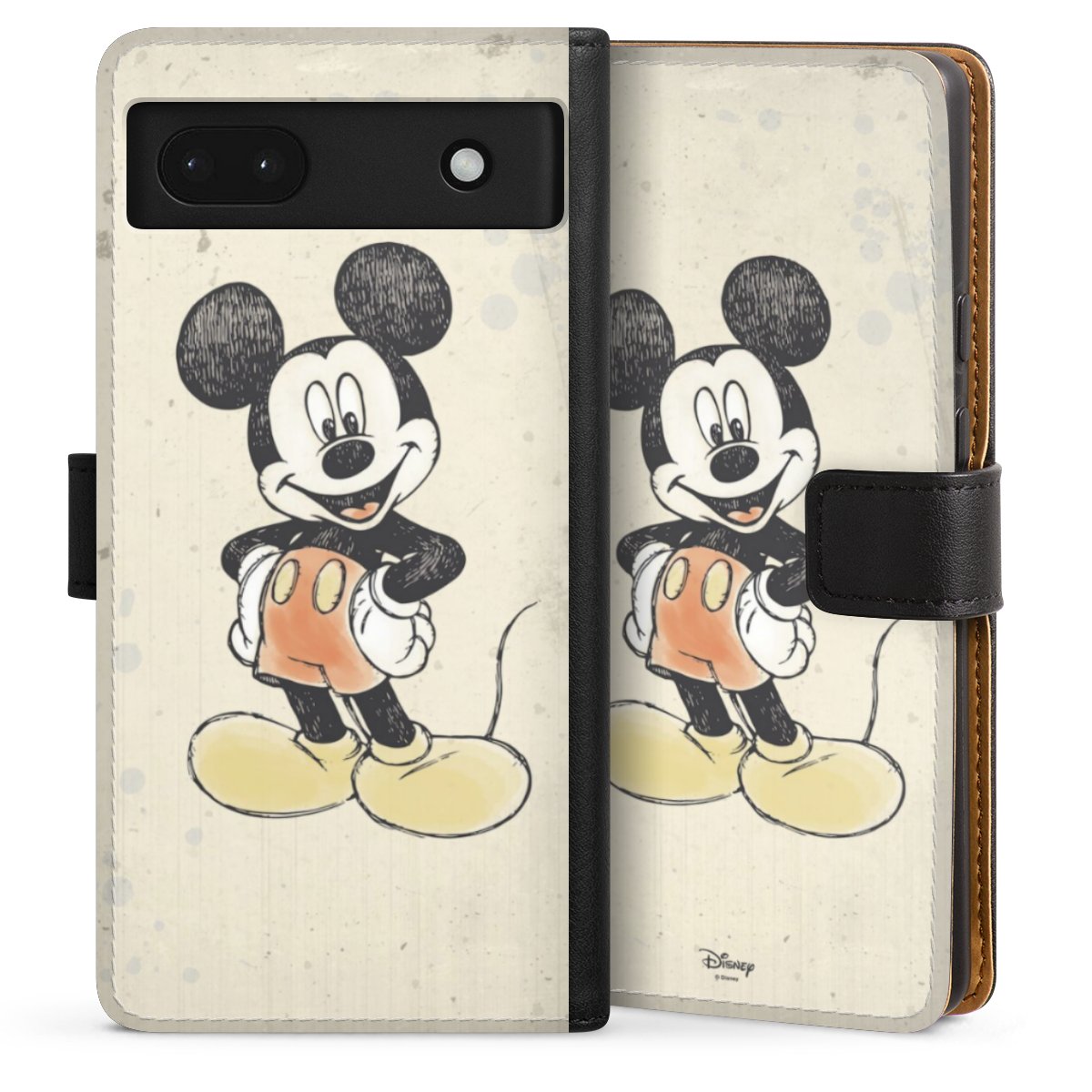 Google Pixel 6a Handy Klapphülle Handyhülle aus Kunst Leder schwarz Flip Case Water Colour Mickey & Minnie Mouse Official Licensed Product Sideflip mit Lasche