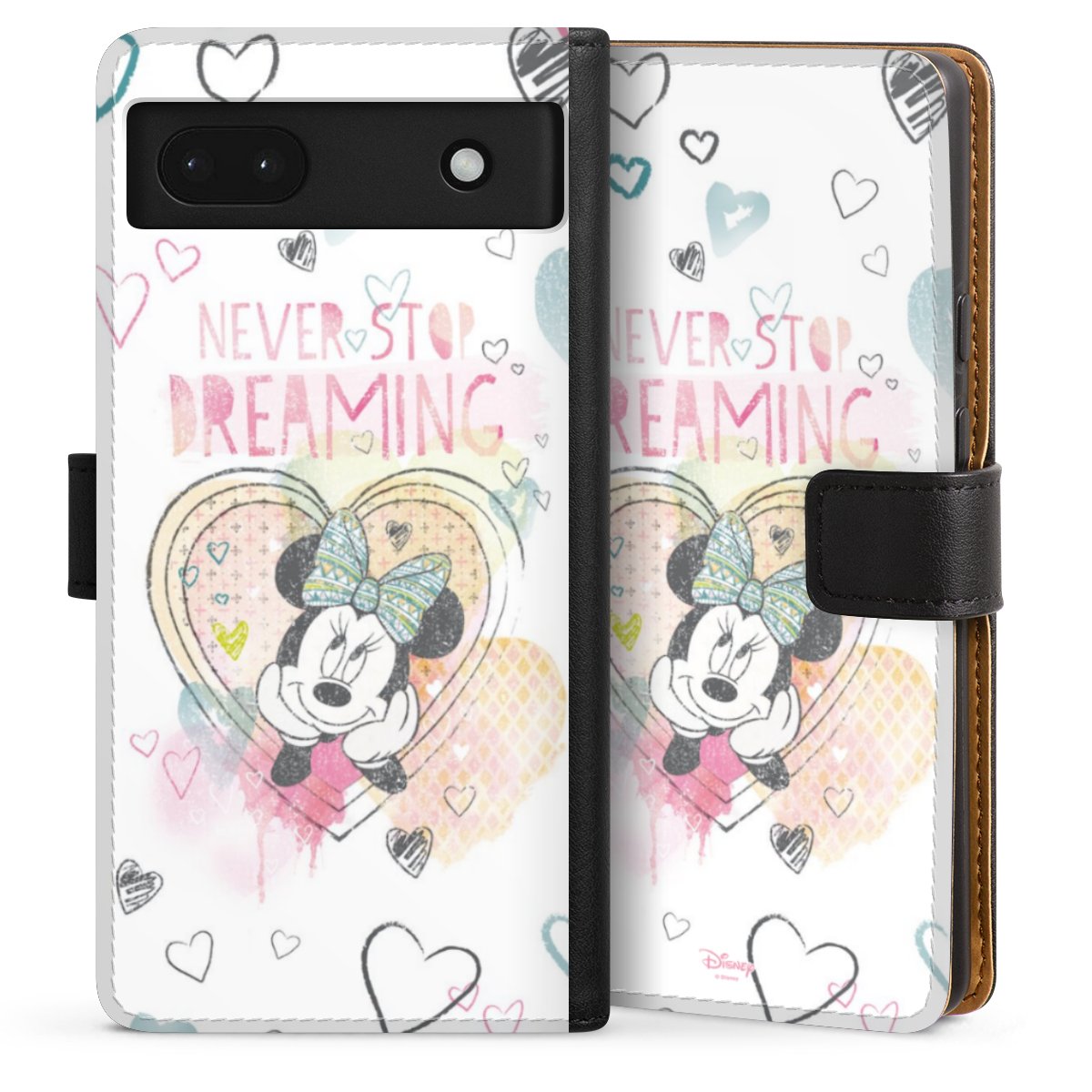 Google Pixel 6a Handy Klapphülle Handyhülle aus Kunst Leder schwarz Flip Case Disney Official Licensed Product Minnie Mouse Sideflip mit Lasche