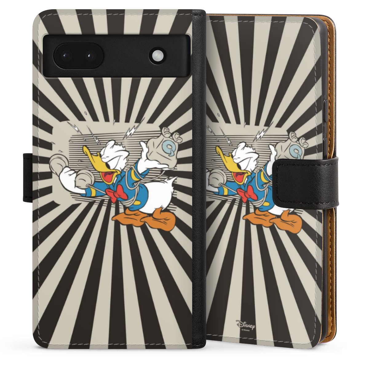 Google Pixel 6a Handy Klapphülle Handyhülle aus Kunst Leder schwarz Flip Case Donald Duck Disney Official Licensed Product Sideflip mit Lasche