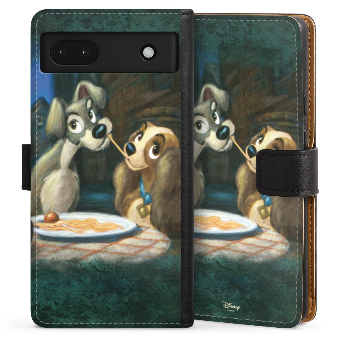 Google Pixel 6a Handy Klapphülle Handyhülle aus Kunst Leder schwarz Flip Case Lady And The Tramp Official Licensed Product Disney Sideflip mit Lasche