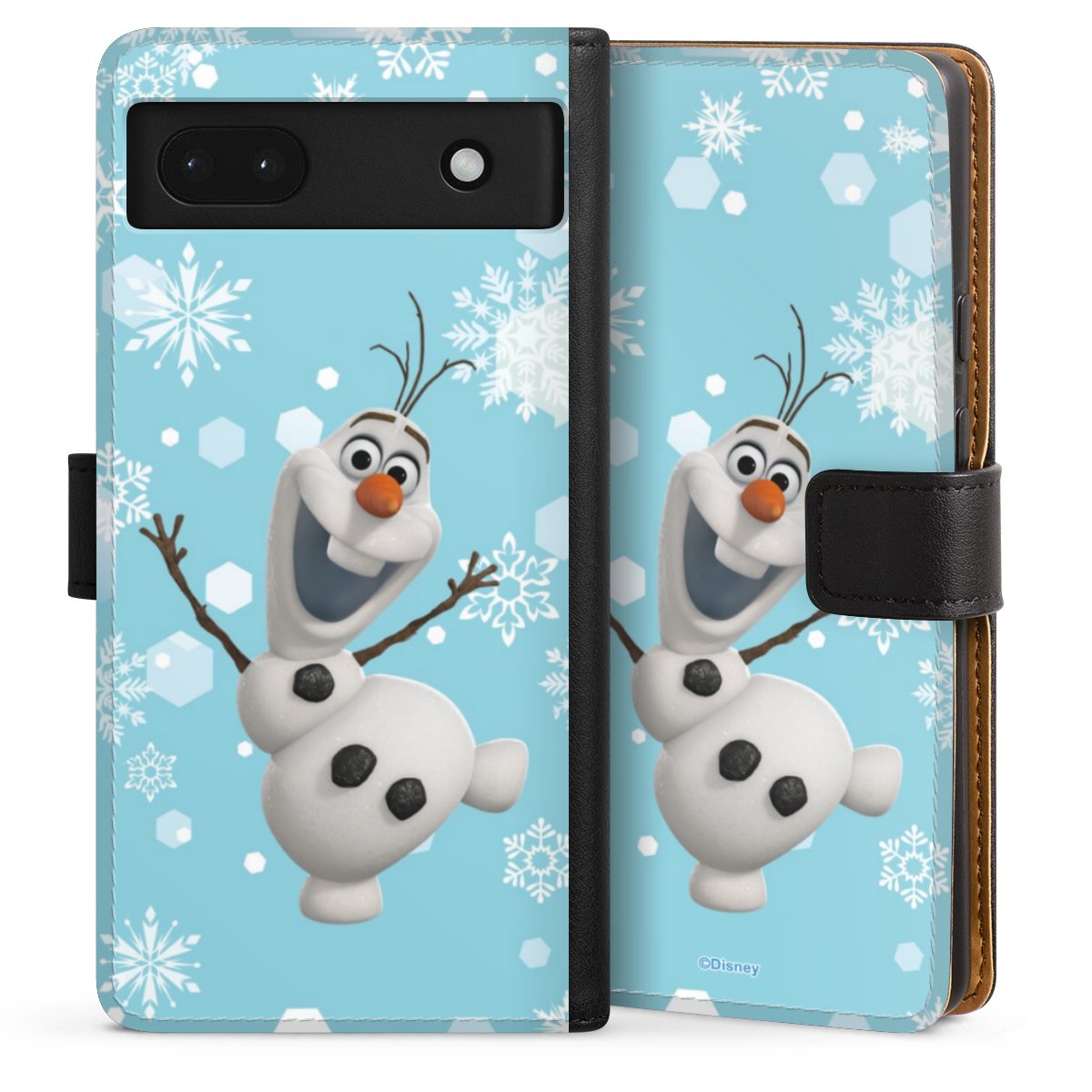 Google Pixel 6a Handy Klapphülle Handyhülle aus Kunst Leder schwarz Flip Case Disney Official Licensed Product Frozen Olaf Sideflip mit Lasche