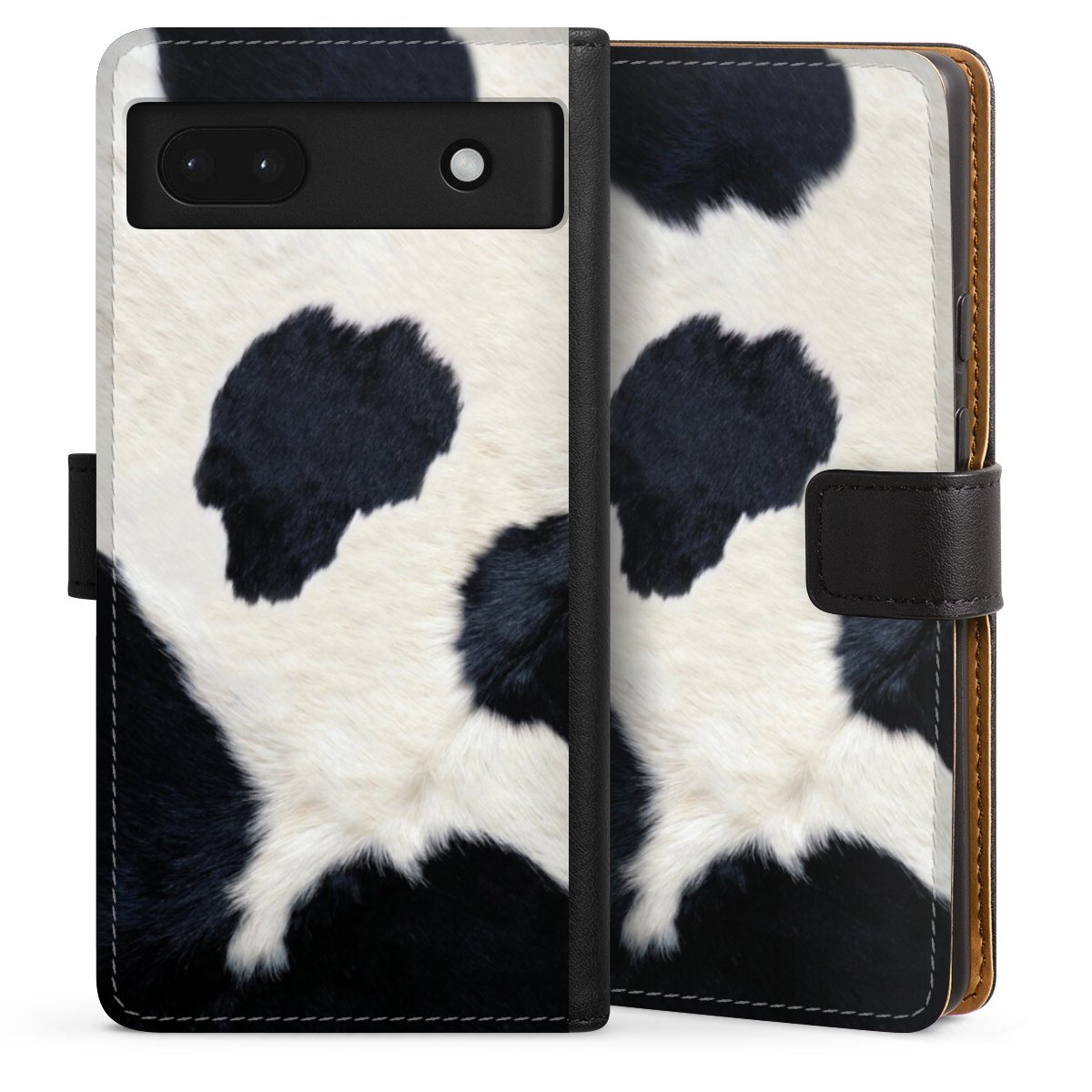 Google Pixel 6a Handy Klapphülle Handyhülle aus Kunst Leder schwarz Flip Case Animal Look Animal Print Cow Skin Sideflip mit Lasche