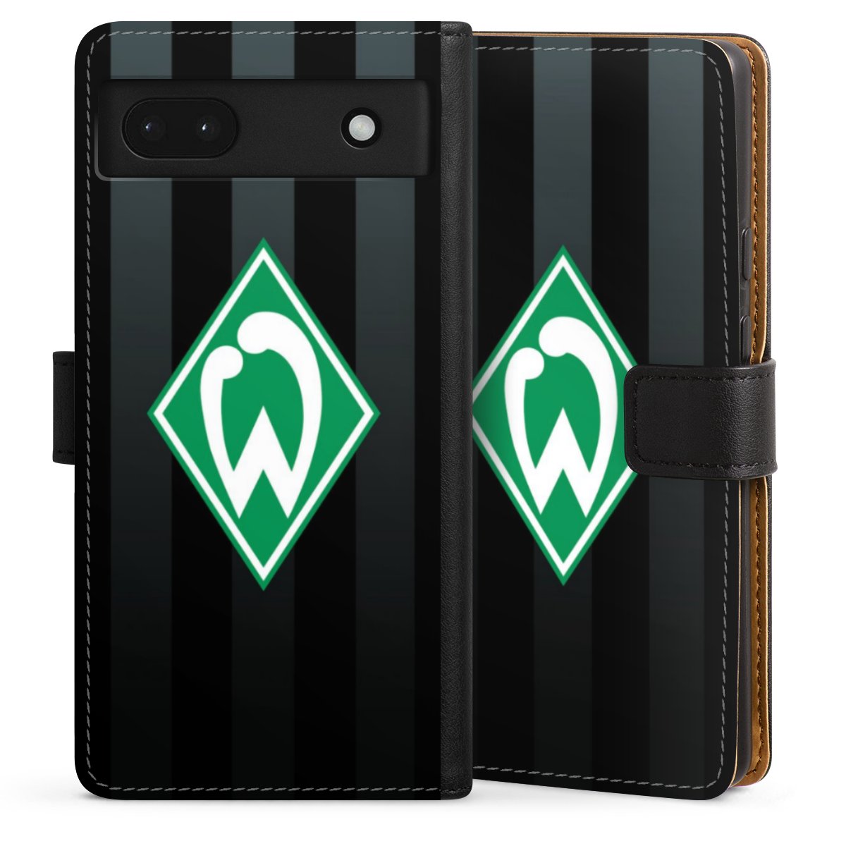 Google Pixel 6a Handy Klapphülle Handyhülle aus Kunst Leder schwarz Flip Case Stripes Sv Werder Bremen Official Licensed Product Sideflip mit Lasche