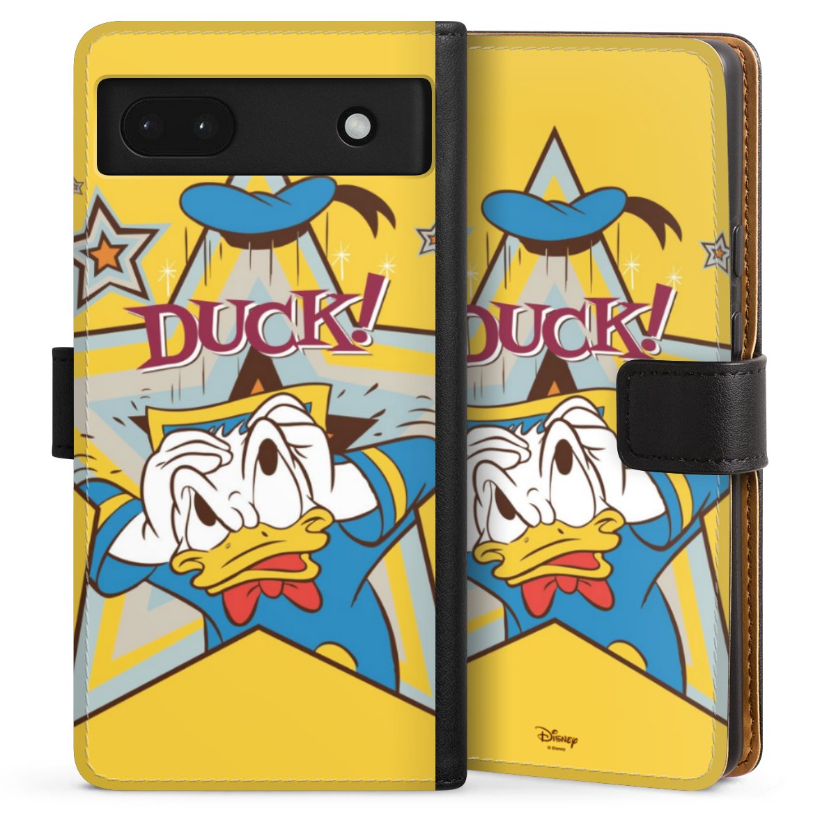 Google Pixel 6a Handy Klapphülle Handyhülle aus Kunst Leder schwarz Flip Case Official Licensed Product Donald Duck Disney Sideflip mit Lasche