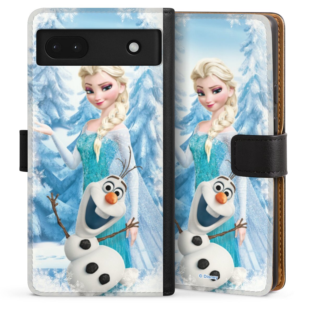 Google Pixel 6a Handy Klapphülle Handyhülle aus Kunst Leder schwarz Flip Case Official Licensed Product Frozen Elsa Disney Sideflip mit Lasche