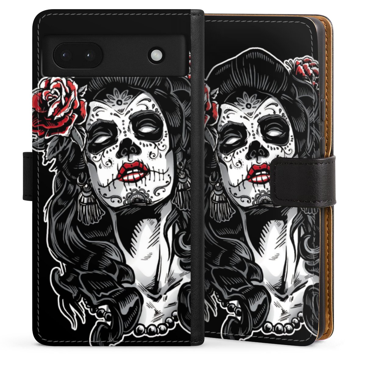 Google Pixel 6a Handy Klapphülle Handyhülle aus Kunst Leder schwarz Flip Case Totenkopf Día De Los Muertos Rock 'N' Roll Sideflip mit Lasche