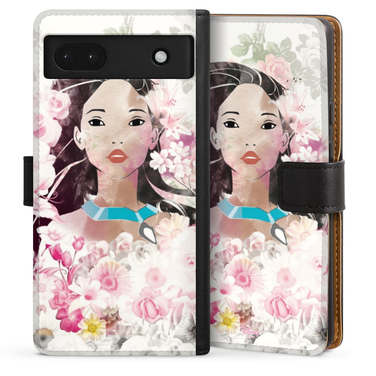 Google Pixel 6a Handy Klapphülle Handyhülle aus Kunst Leder schwarz Flip Case Pocahontas Official Licensed Product Disney Sideflip mit Lasche