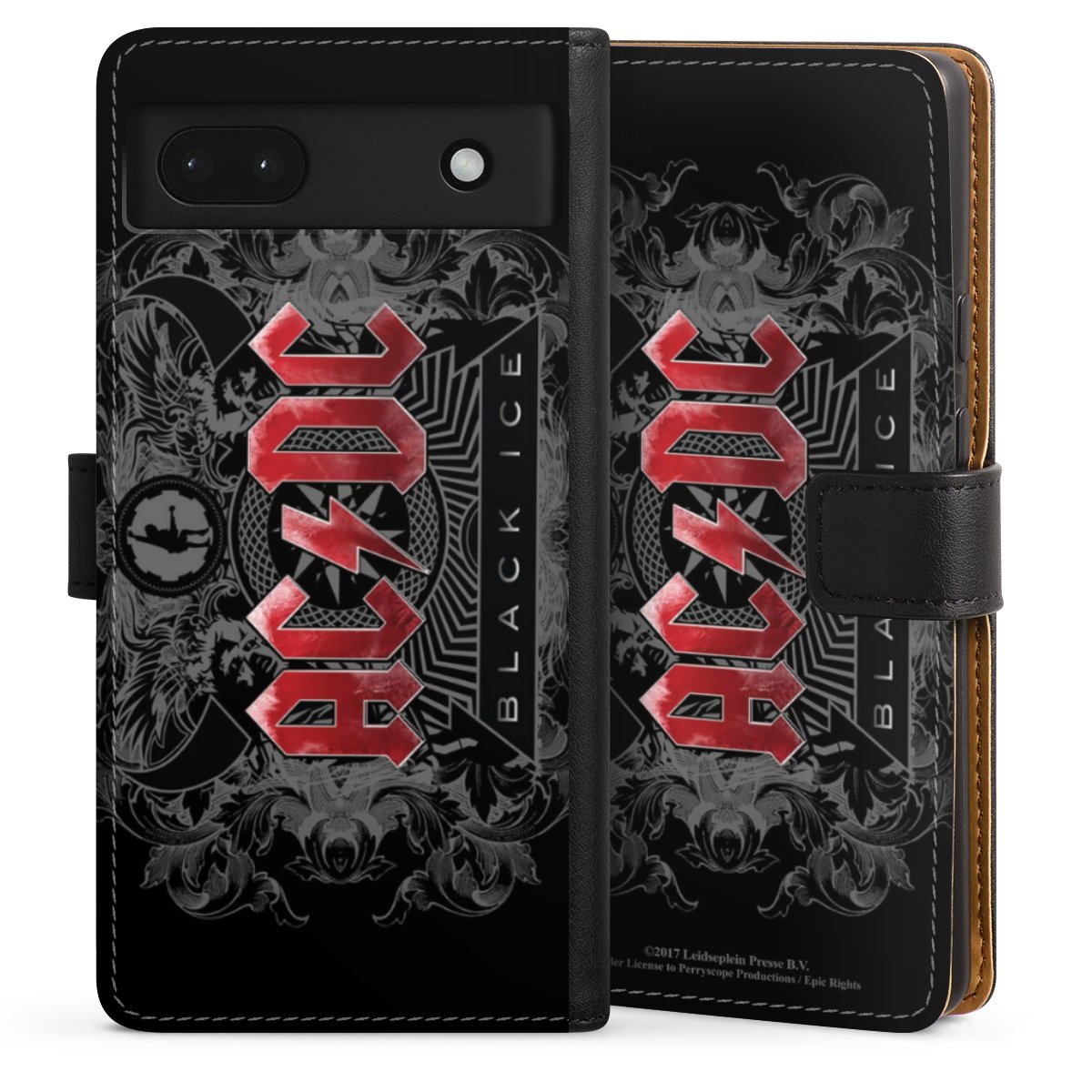 Google Pixel 6a Handy Klapphülle Handyhülle aus Kunst Leder schwarz Flip Case Merchandise Black Ice Acdc Sideflip mit Lasche