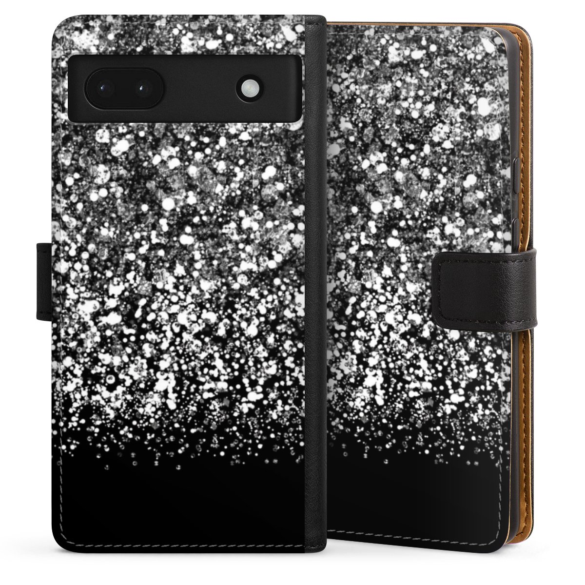 Google Pixel 6a Handy Klapphülle Handyhülle aus Kunst Leder schwarz Flip Case Glitzer Snowflake Muster Sideflip mit Lasche