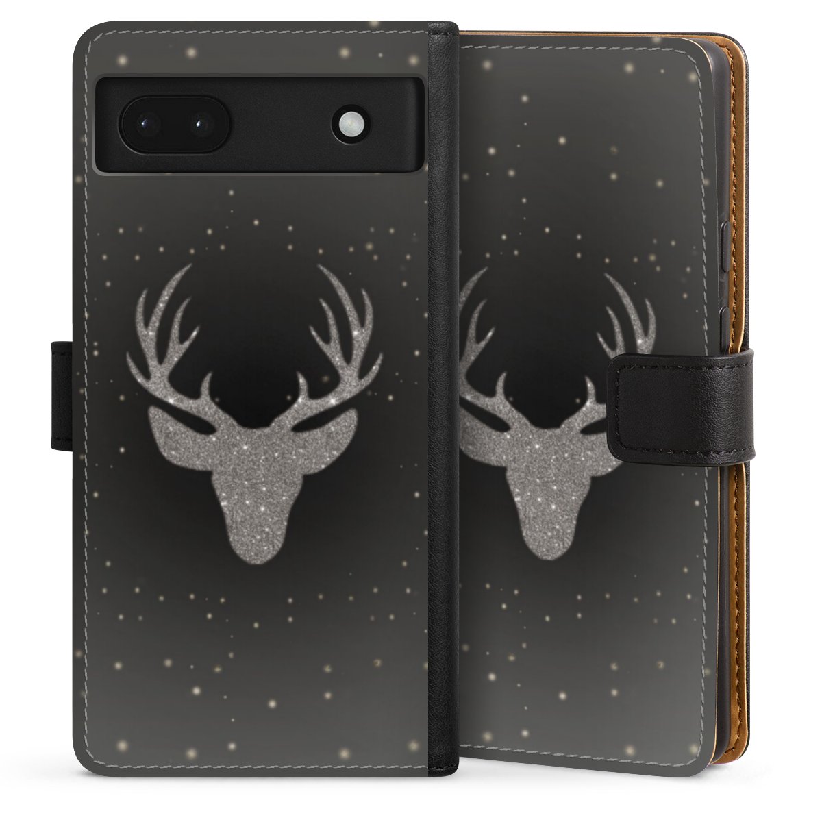 Google Pixel 6a Handy Klapphülle Handyhülle aus Kunst Leder schwarz Flip Case Winter Deer Glitzer Sideflip mit Lasche