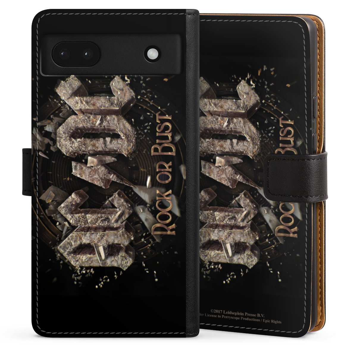 Google Pixel 6a Handy Klapphülle Handyhülle aus Kunst Leder schwarz Flip Case Acdc Official Licensed Product Rock Or Bust Sideflip mit Lasche