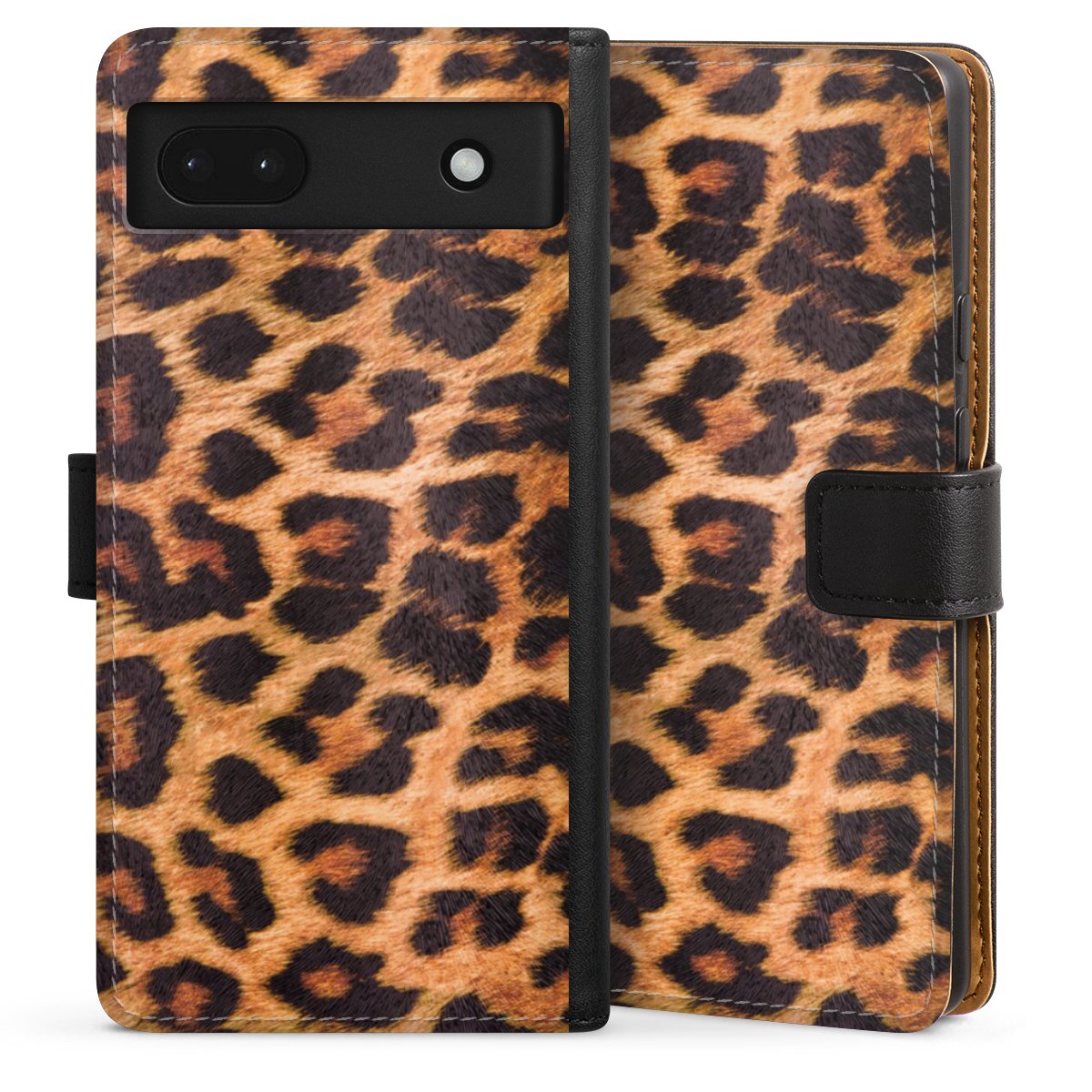 Google Pixel 6a Handy Klapphülle Handyhülle aus Kunst Leder schwarz Flip Case Animal Print Leopard Fur Sideflip mit Lasche