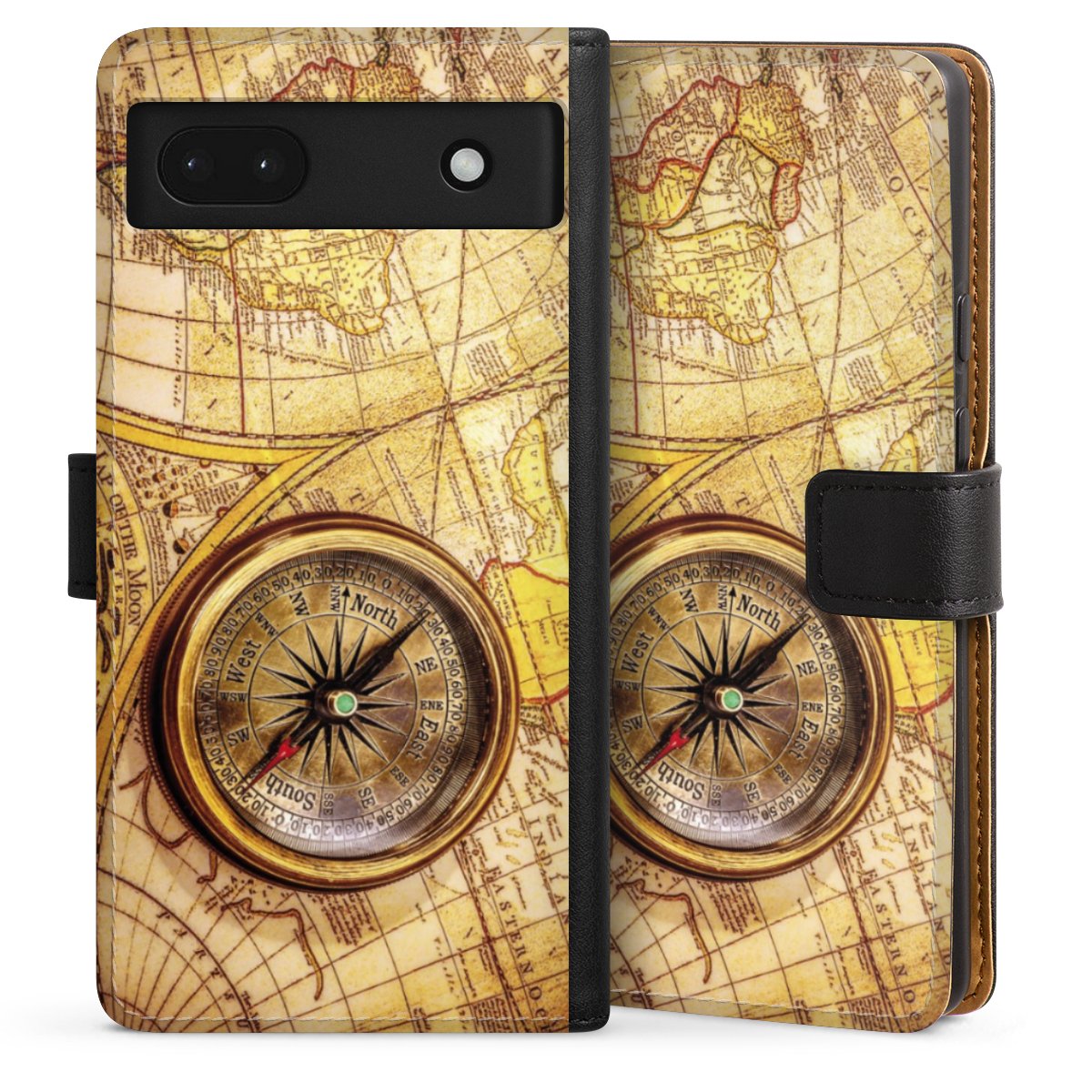 Google Pixel 6a Handy Klapphülle Handyhülle aus Kunst Leder schwarz Flip Case World Map Map Compass Sideflip mit Lasche