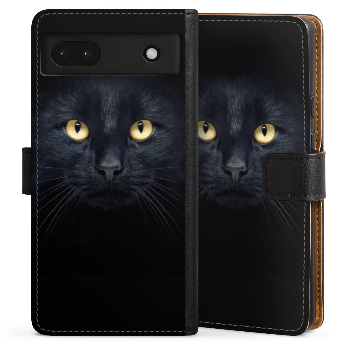 Google Pixel 6a Handy Klapphülle Handyhülle aus Kunst Leder schwarz Flip Case Eye Cat Black Sideflip mit Lasche