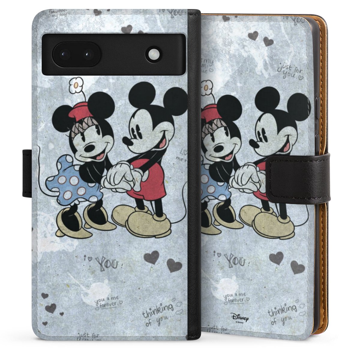 Google Pixel 6a Handy Klapphülle Handyhülle aus Kunst Leder schwarz Flip Case Mickey & Minnie Mouse Vintage Disney Sideflip mit Lasche