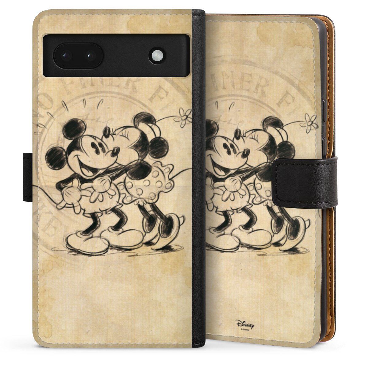 Google Pixel 6a Handy Klapphülle Handyhülle aus Kunst Leder schwarz Flip Case Mickey Mouse Vintage Minnie Mouse Sideflip mit Lasche