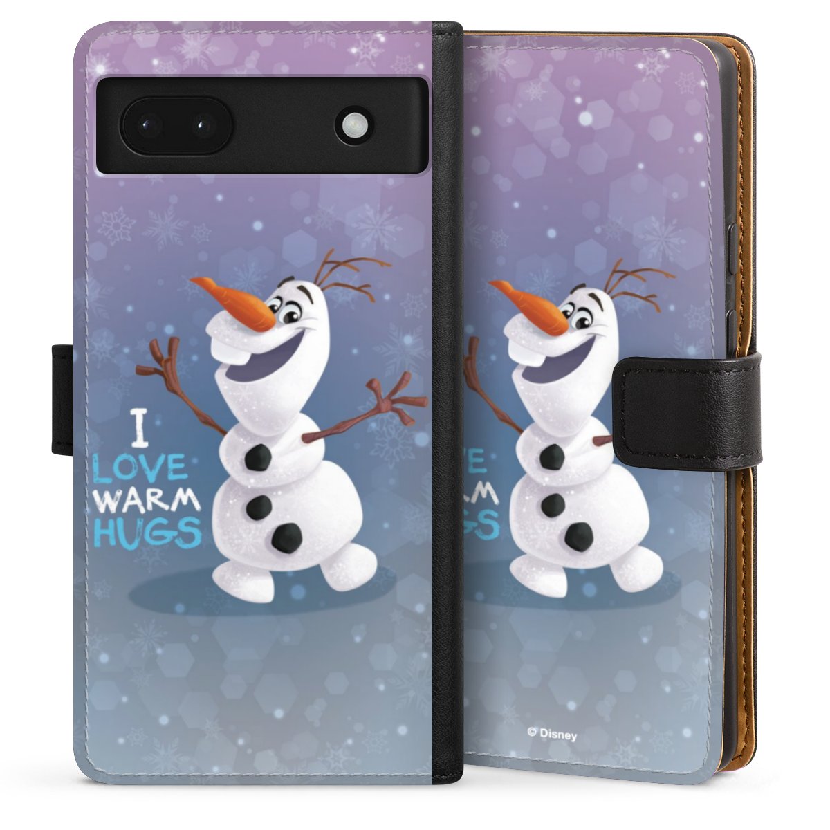 Google Pixel 6a Handy Klapphülle Handyhülle aus Kunst Leder schwarz Flip Case Frozen Frozen Olaf Official Licensed Product Sideflip mit Lasche