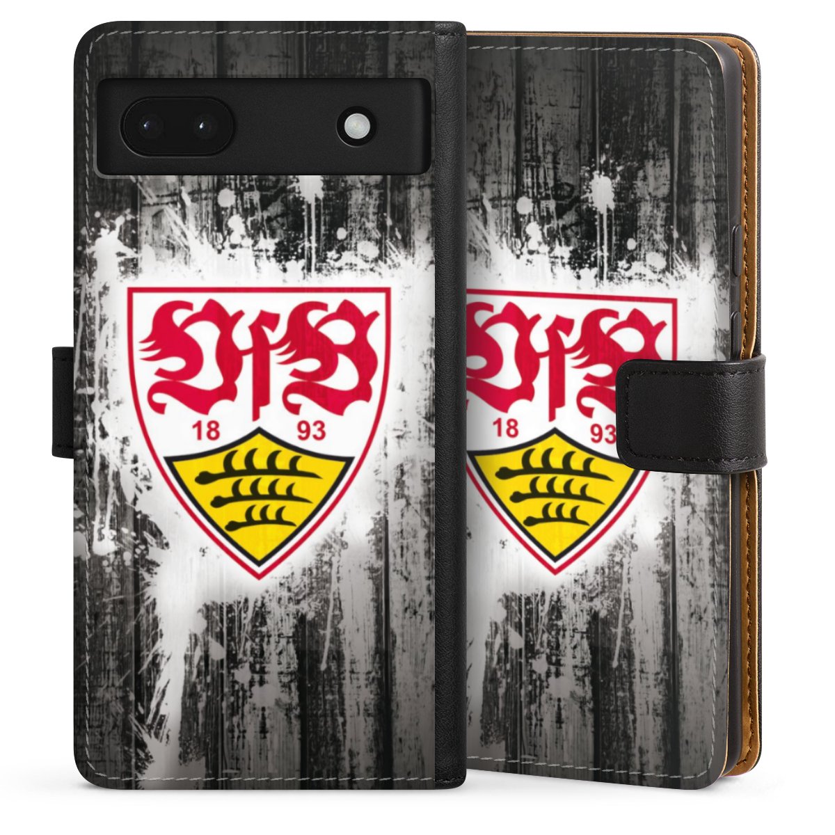 Google Pixel 6a Handy Klapphülle Handyhülle aus Kunst Leder schwarz Flip Case Vfb Stuttgart Official Licensed Product Sideflip mit Lasche