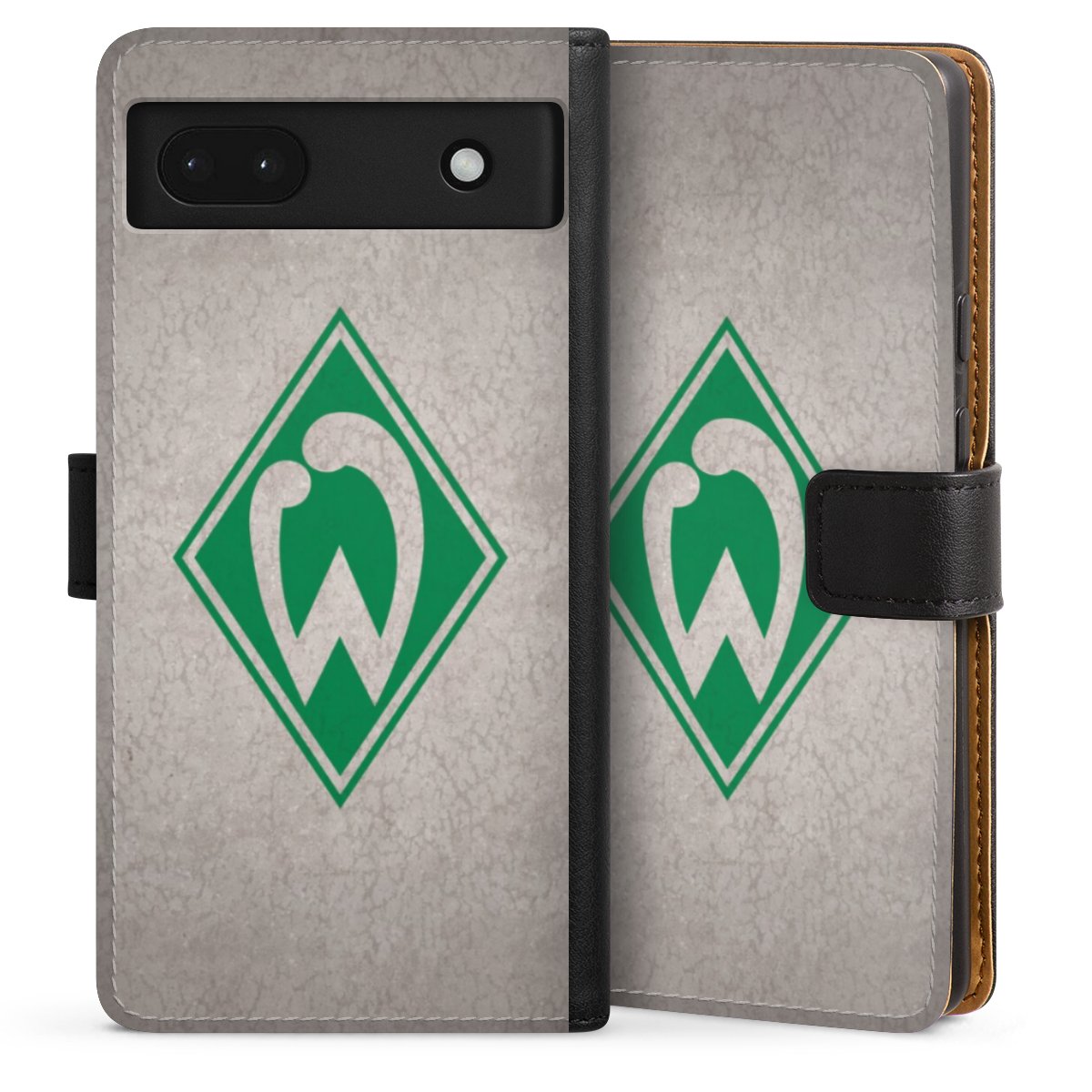 Google Pixel 6a Handy Klapphülle Handyhülle aus Kunst Leder schwarz Flip Case Sv Werder Bremen Concrete Official Licensed Product Sideflip mit Lasche