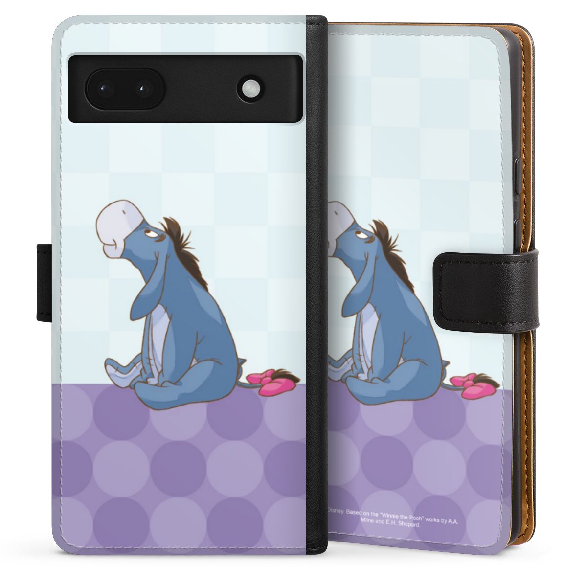 Google Pixel 6a Handy Klapphülle Handyhülle aus Kunst Leder schwarz Flip Case Disney Donkey Winnie The Pooh Sideflip mit Lasche