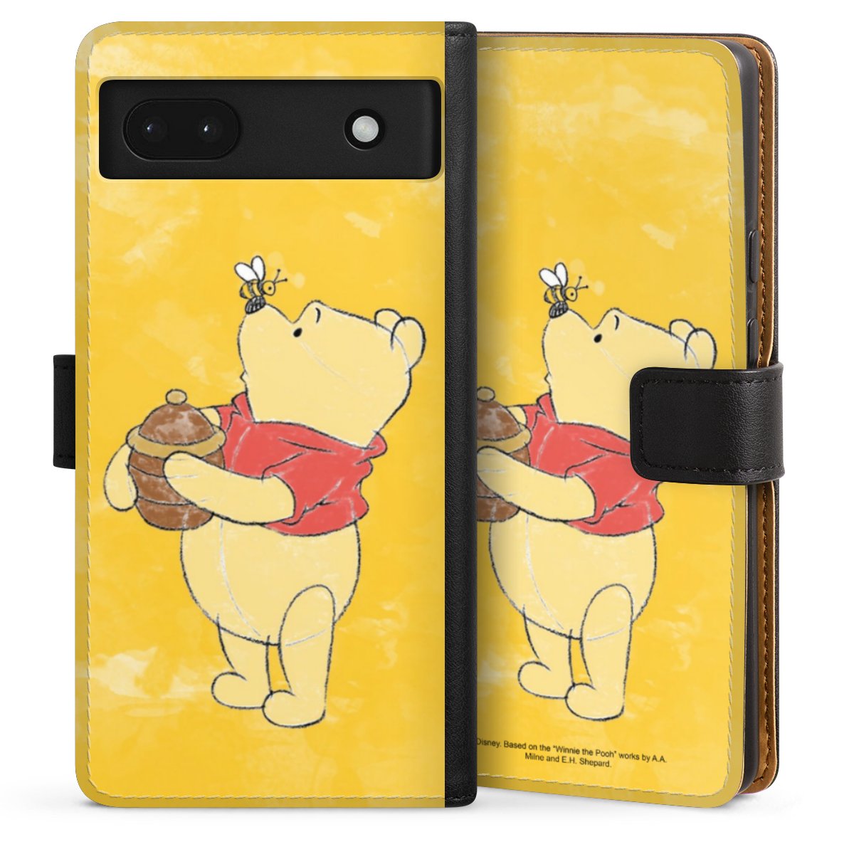 Google Pixel 6a Handy Klapphülle Handyhülle aus Kunst Leder schwarz Flip Case Official Licensed Product Winnie The Pooh Disney Sideflip mit Lasche