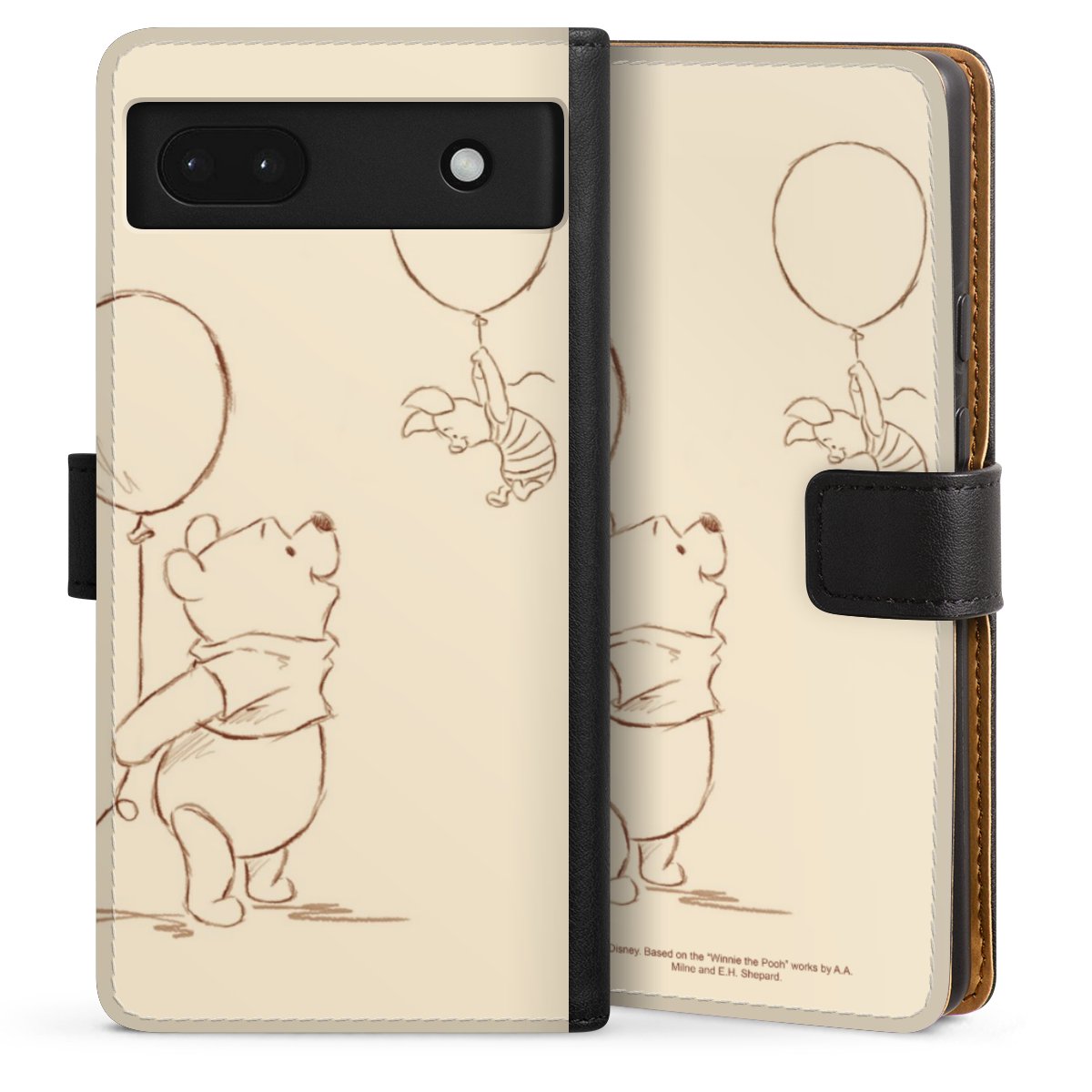 Google Pixel 6a Handy Klapphülle Handyhülle aus Kunst Leder schwarz Flip Case Official Licensed Product Winnie The Pooh Disney Sideflip mit Lasche