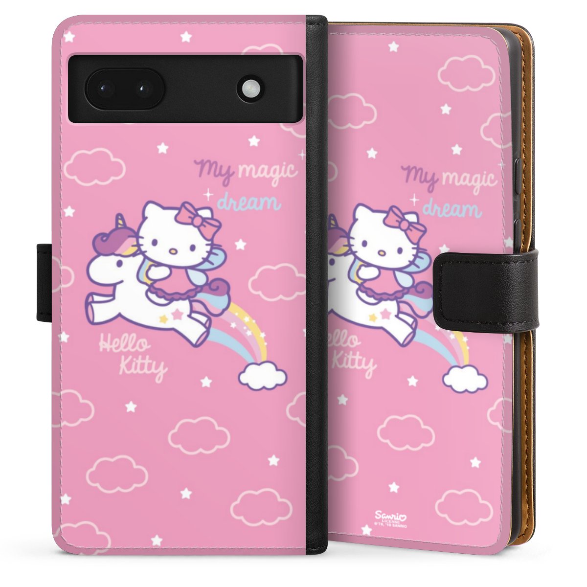 Google Pixel 6a Handy Klapphülle Handyhülle aus Kunst Leder schwarz Flip Case Einhorn Official Licensed Product Hello Kitty Sideflip mit Lasche