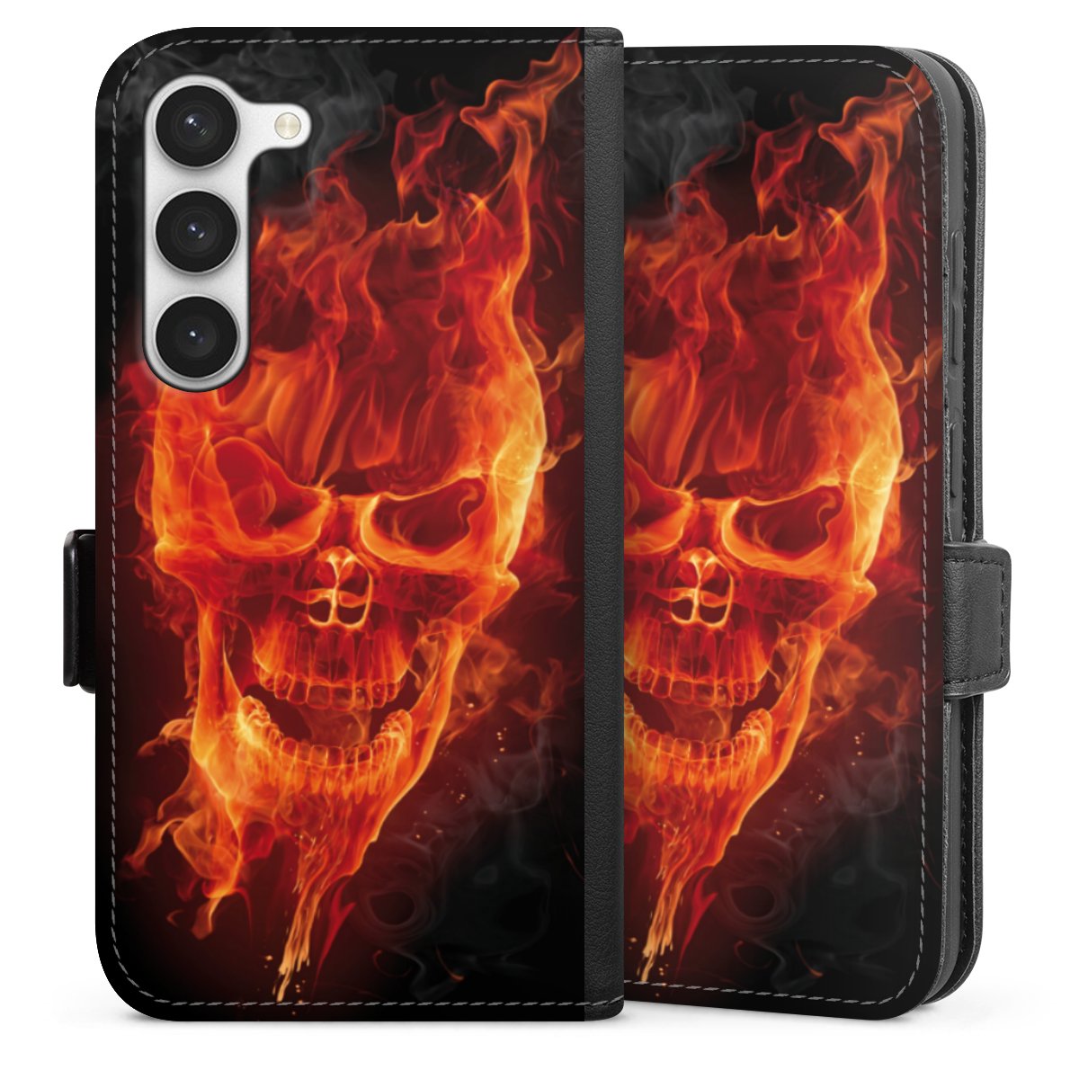 Galaxy S23 Handy Klapphülle Handyhülle aus Kunst Leder schwarz Flip Case Totenkopf Skull Fire Sideflip mit Lasche