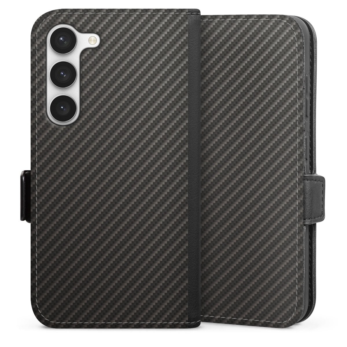 Galaxy S23 Handy Klapphülle Handyhülle aus Kunst Leder schwarz Flip Case Metallic Look Carbon Muster Sideflip mit Lasche