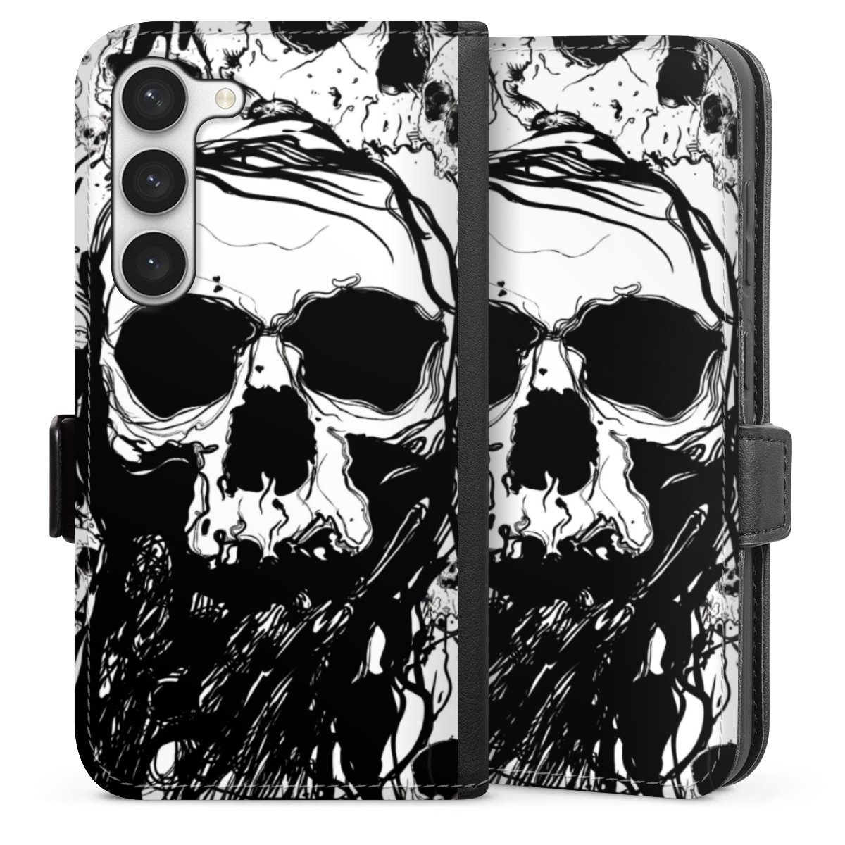 Galaxy S23 Handy Klapphülle Handyhülle aus Kunst Leder schwarz Flip Case Totenkopf Halloween Sideflip mit Lasche