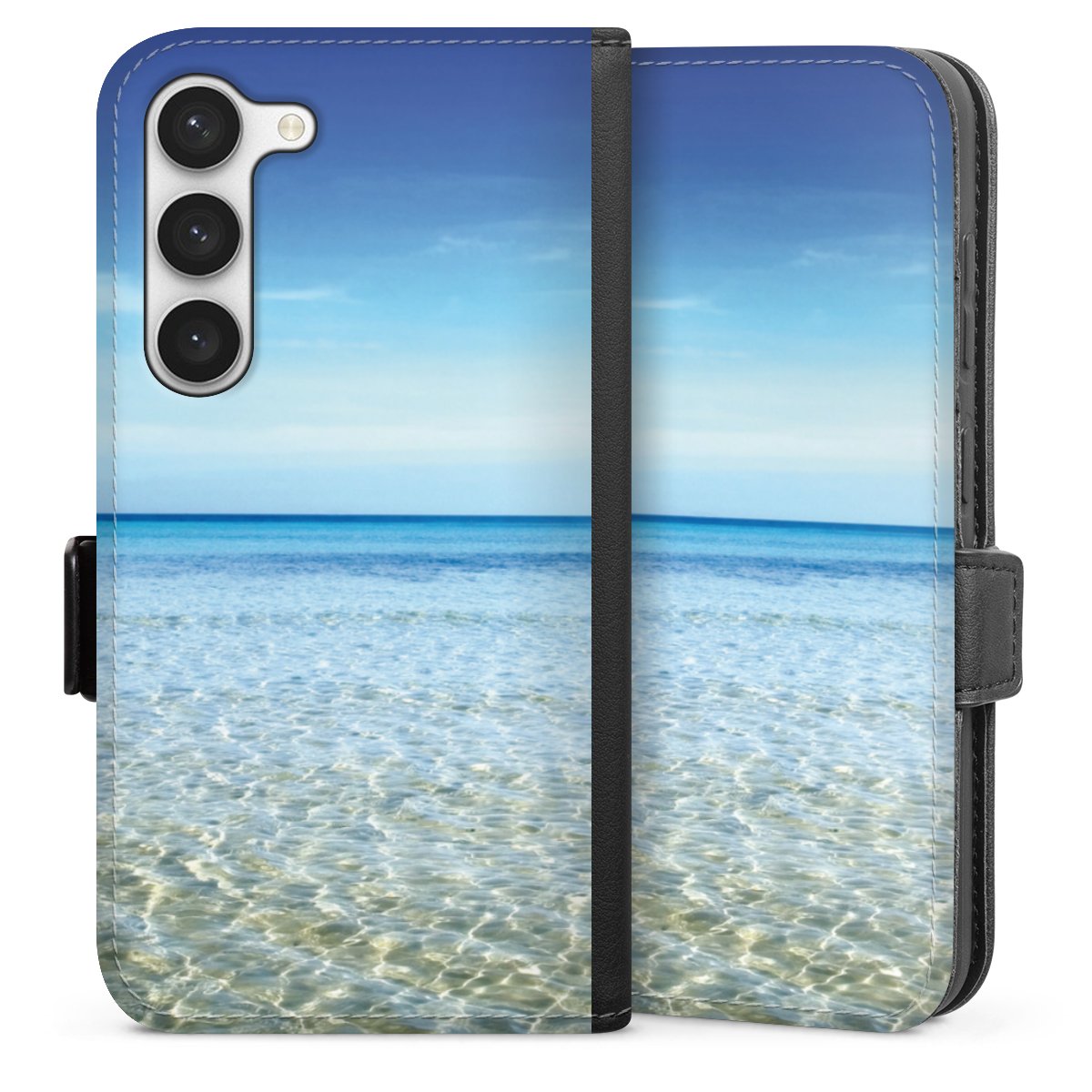 Galaxy S23 Handy Klapphülle Handyhülle aus Kunst Leder schwarz Flip Case Urlaub Sky Ocean Sideflip mit Lasche